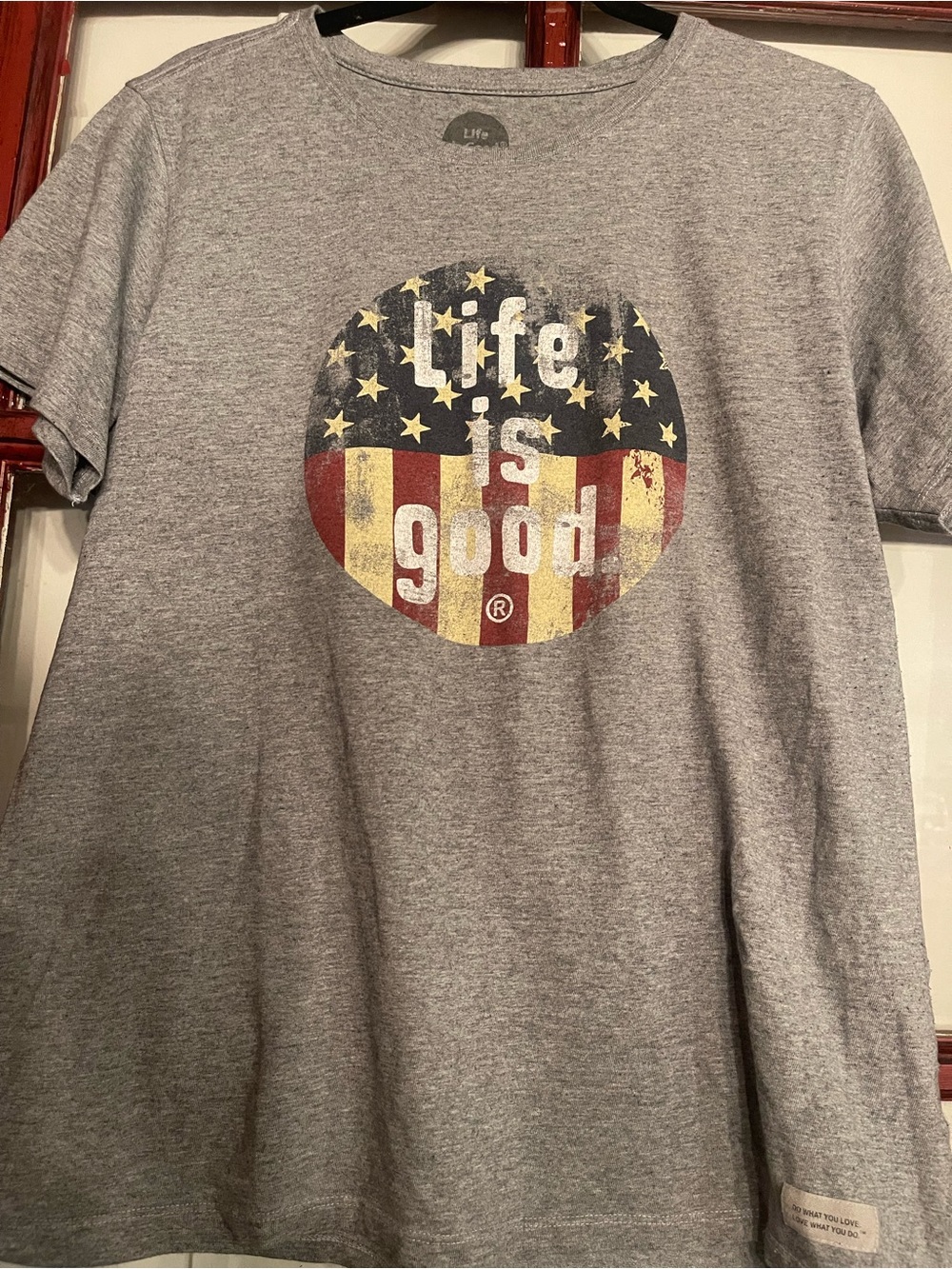 Life Is Good Gray Short Sleeve Tee with American Flag Logo
